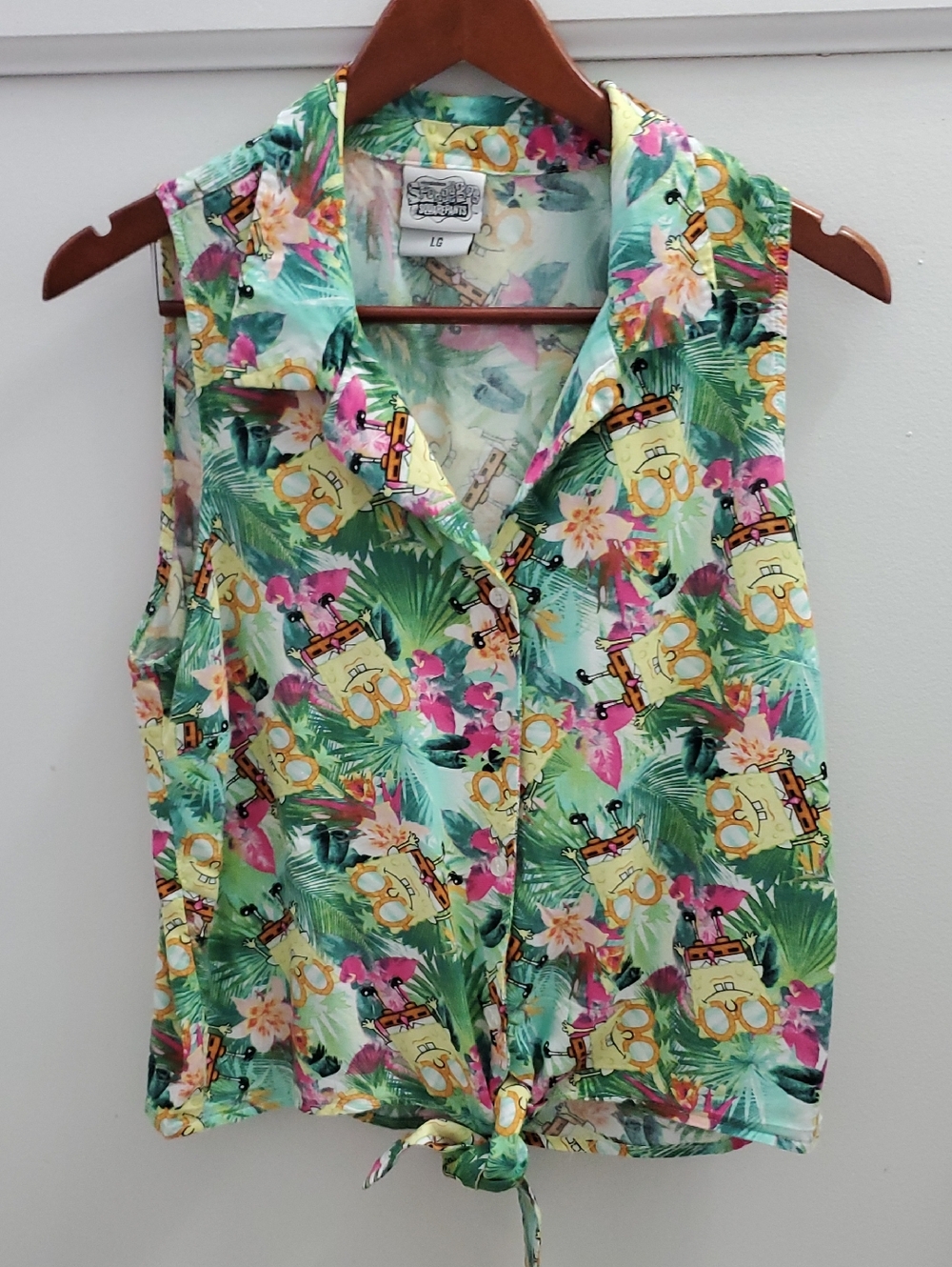 Hot Topic Spongebob Square Pants Tropical Sleeveless Front Tie Top Large